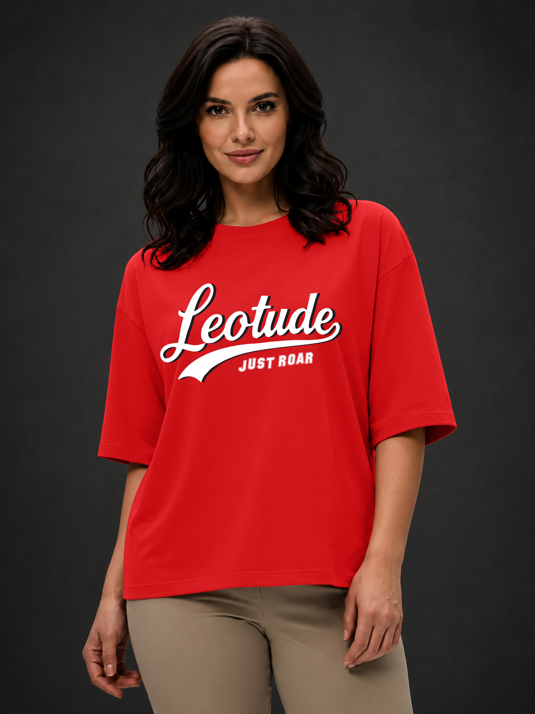 Women Oversized Printed T-Shirt | Red College Graphic | Half Sleeve Round Neck Streetwear Tee - Leotude Fashion