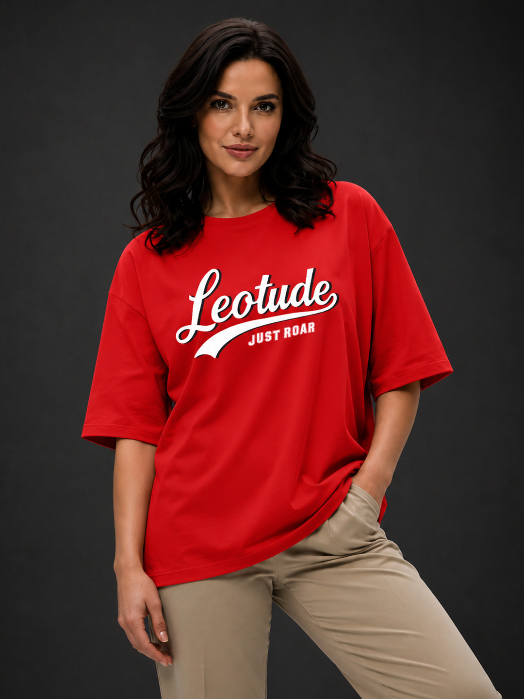 Women Oversized Printed T-Shirt | Red College Graphic | Half Sleeve Round Neck Streetwear Tee - Leotude Fashion