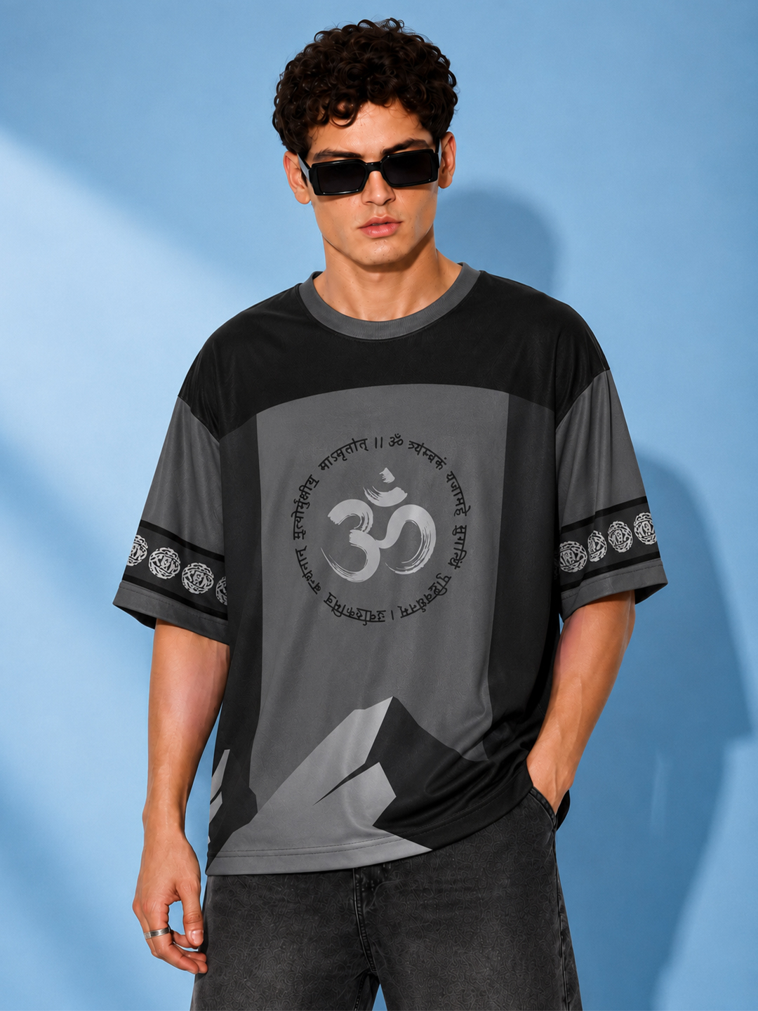 Men Black Mahadev Graphic Oversized Polyester T-Shirt | Half Sleeve Round Neck Drop Shoulder Casual Tee - Leotude Fashion
