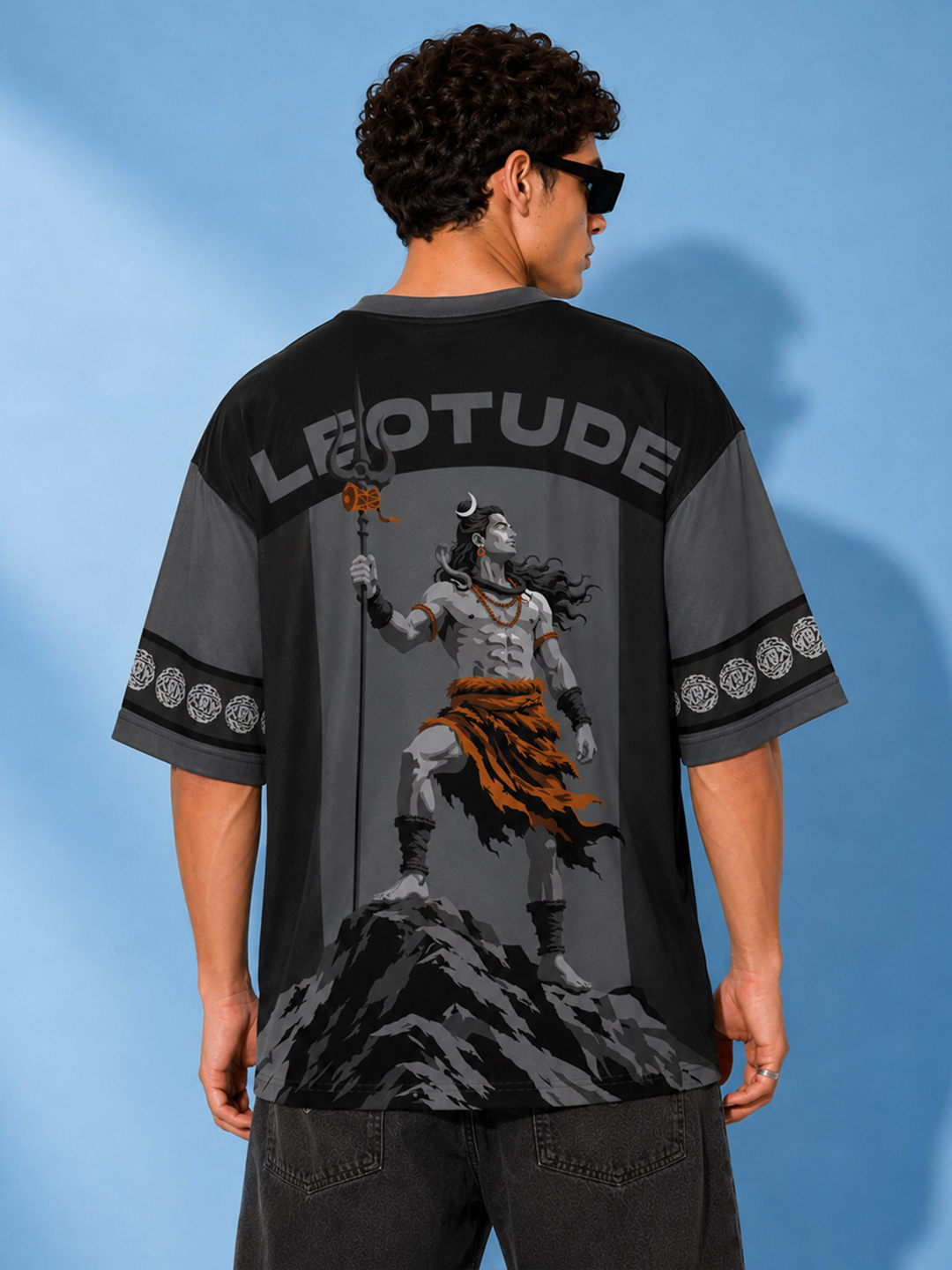 Men Black Mahadev Graphic Oversized Polyester T-Shirt | Half Sleeve Round Neck Drop Shoulder Casual Tee - Leotude Fashion