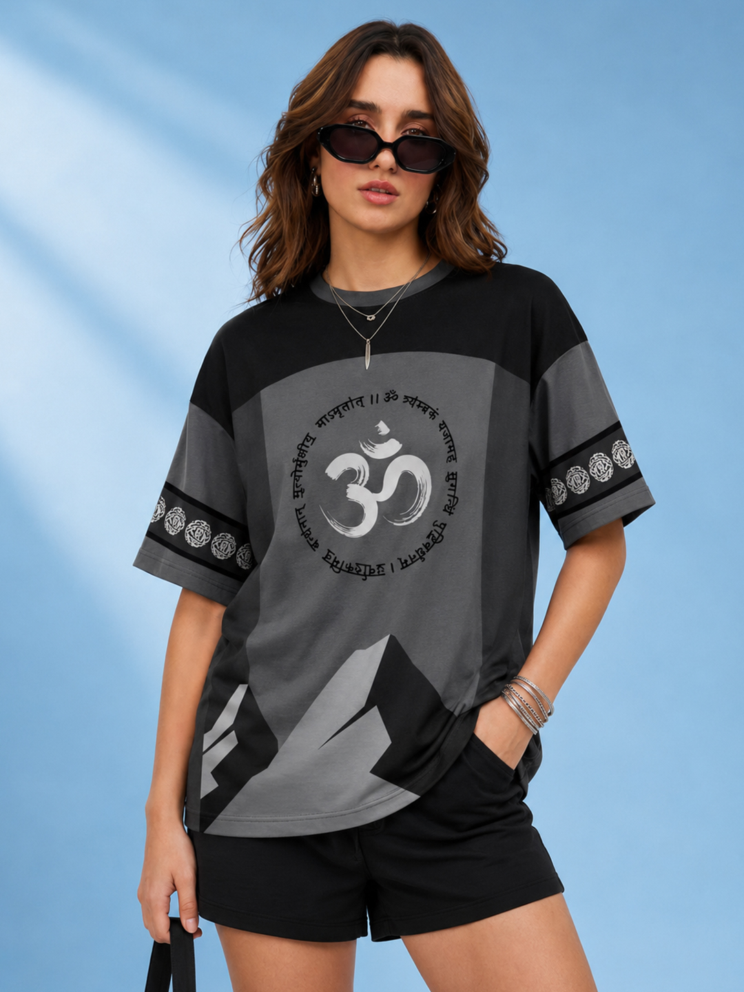 Women Black Mahadev Graphic Oversized Polyester T-Shirt | Half Sleeve Round Neck Drop Shoulder Casual Tee - Leotude Fashion