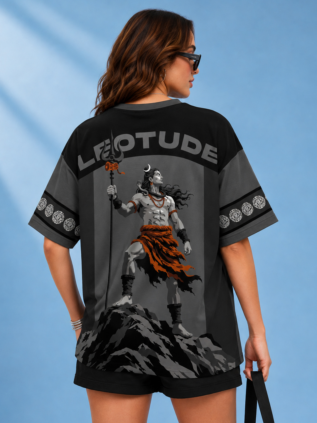 Women Black Mahadev Graphic Oversized Polyester T-Shirt | Half Sleeve Round Neck Drop Shoulder Casual Tee - Leotude Fashion