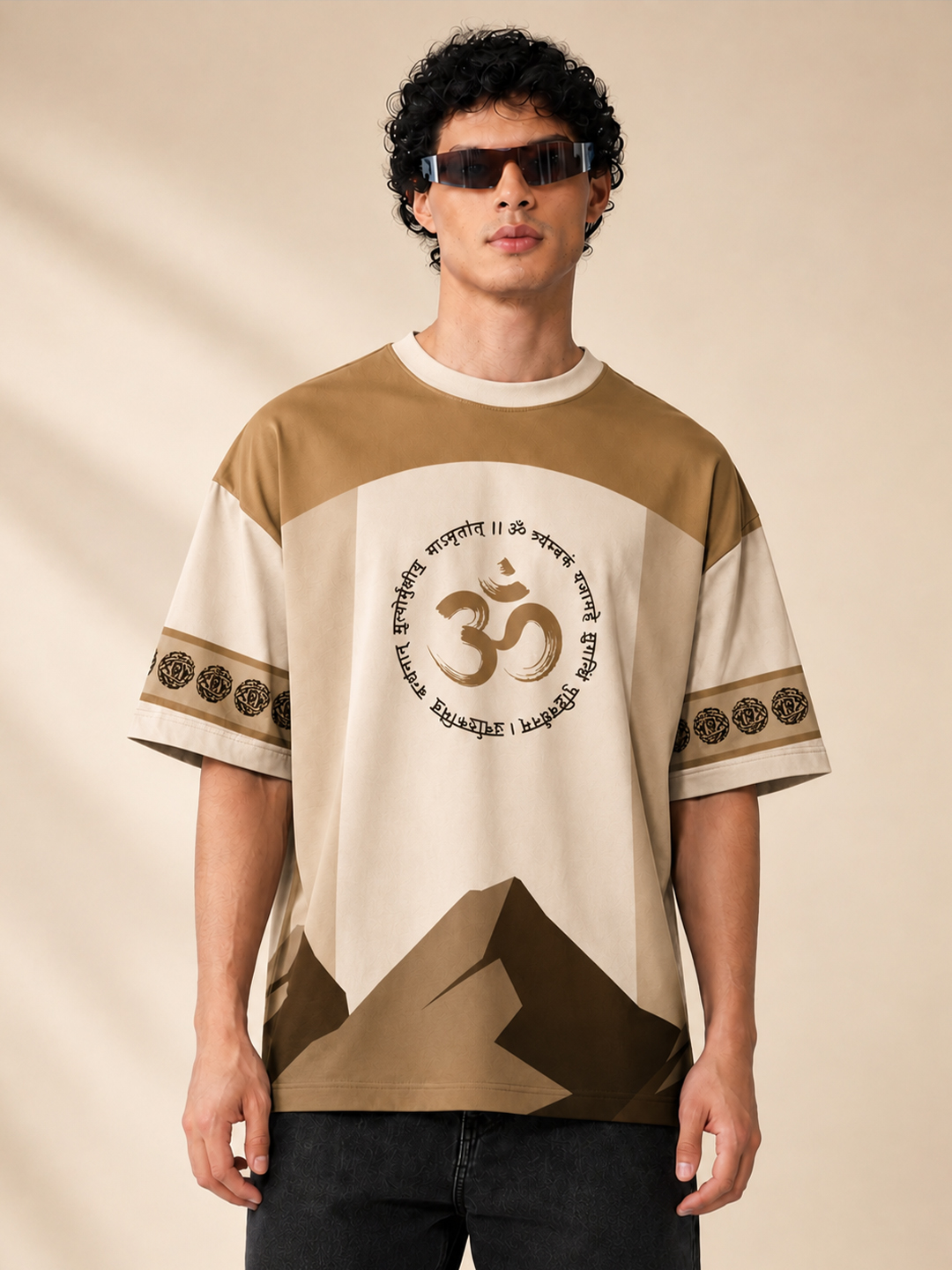 Men Beige Mahadev Graphic Oversized Polyester T-Shirt | Half Sleeve Round Neck Drop Shoulder Casual Tee - Leotude Fashion