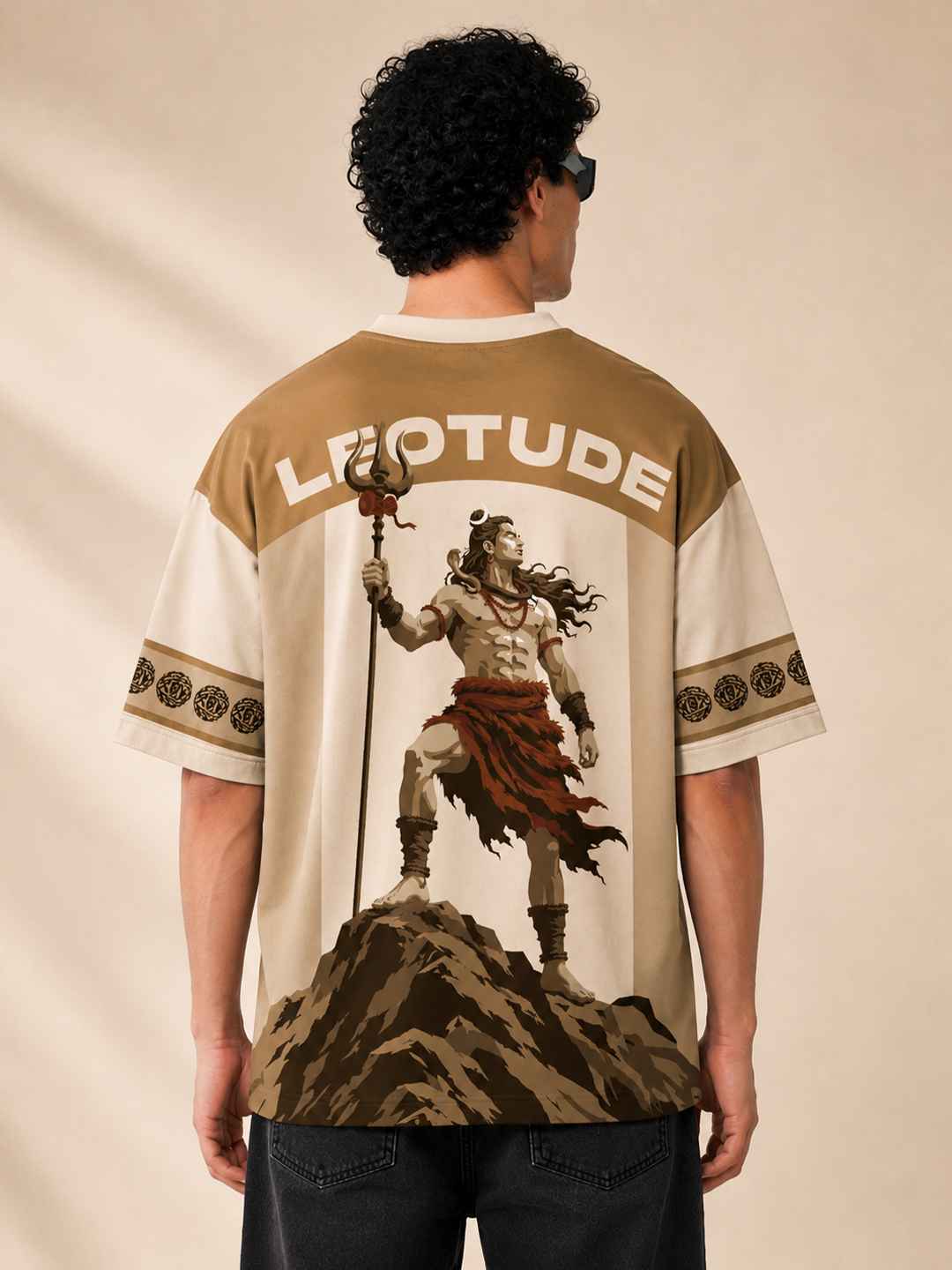 Men Beige Mahadev Graphic Oversized Polyester T-Shirt | Half Sleeve Round Neck Drop Shoulder Casual Tee - Leotude Fashion
