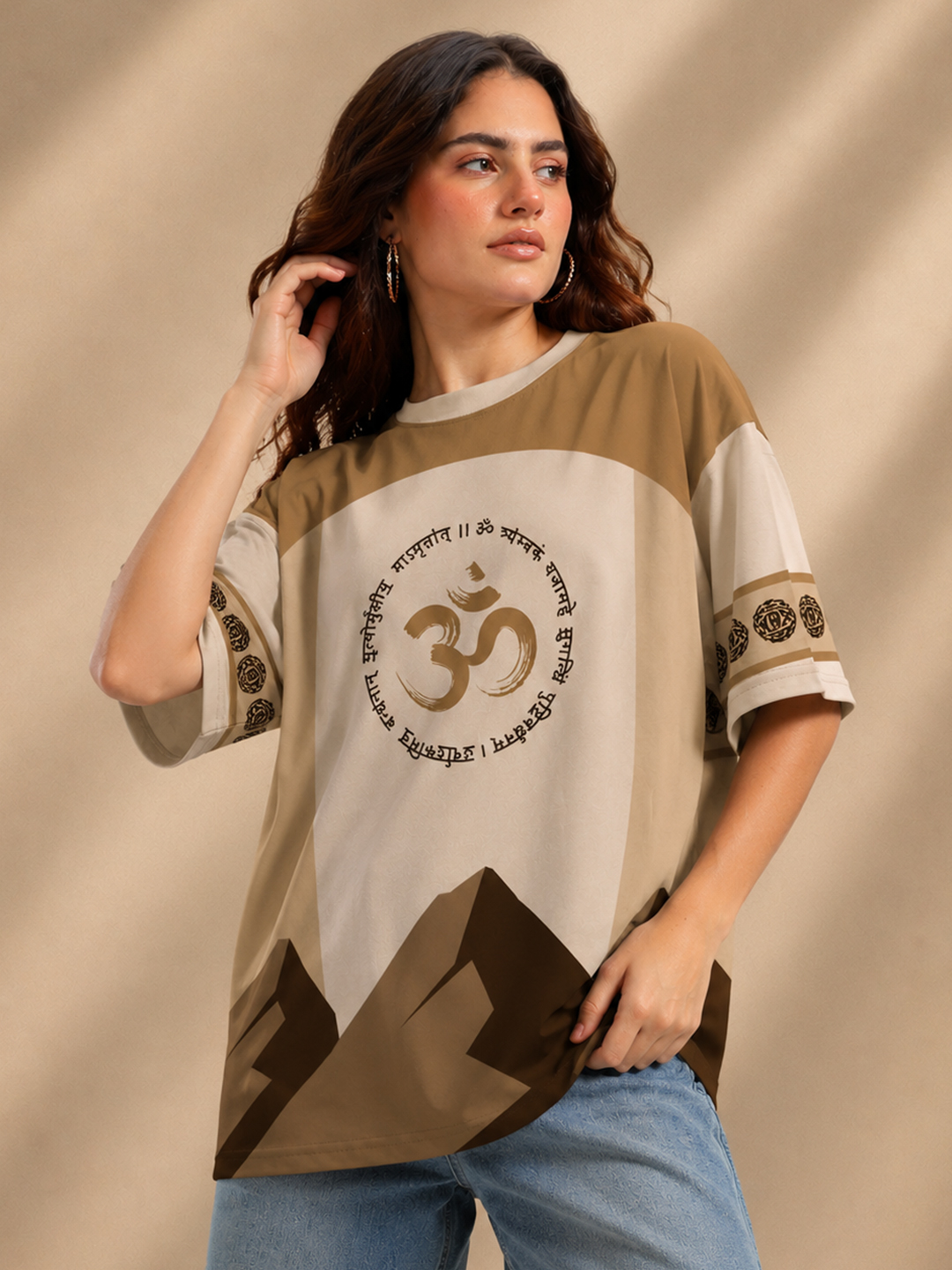 Women Beige Mahadev Graphic Oversized Polyester T-Shirt | Half Sleeve Round Neck Drop Shoulder Casual Tee - Leotude Fashion