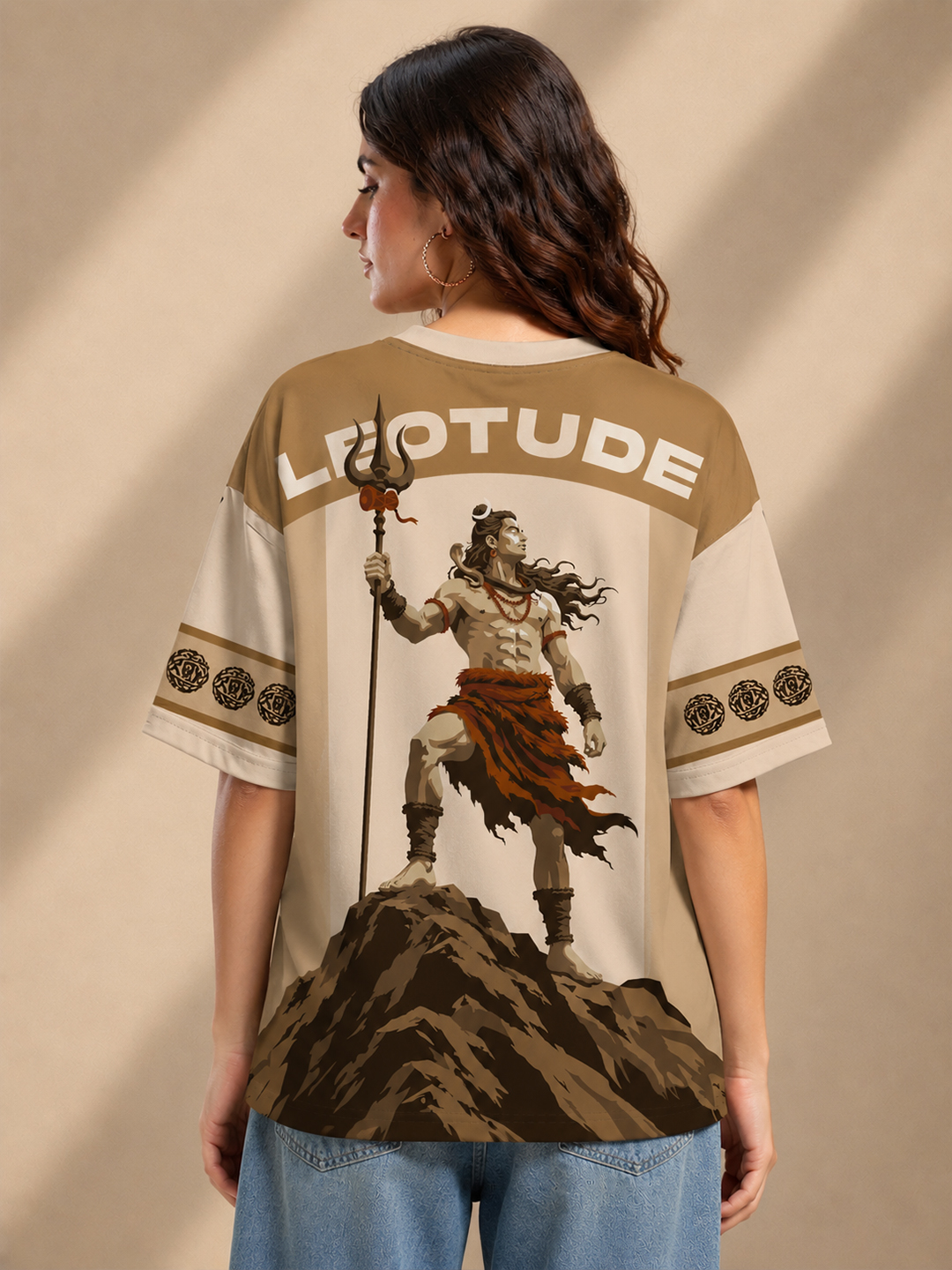 Women Beige Mahadev Graphic Oversized Polyester T-Shirt | Half Sleeve Round Neck Drop Shoulder Casual Tee - Leotude Fashion