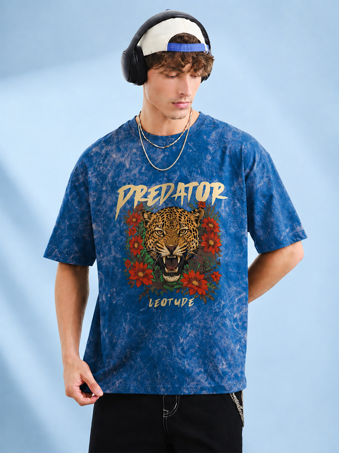 Men's Blue Predator Graphic Oversized T-Shirt | Half Sleeve Round Neck Streetwear Tee - Leotude Fashion