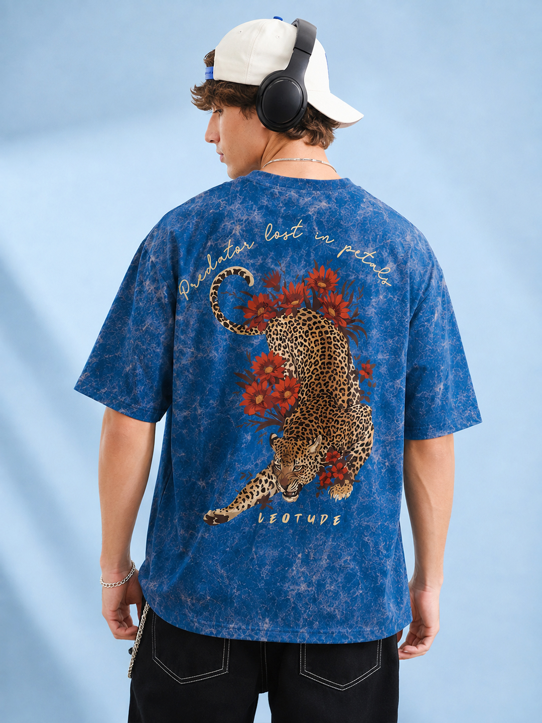 Men's Blue Predator Graphic Oversized T-Shirt | Half Sleeve Round Neck Streetwear Tee - Leotude Fashion