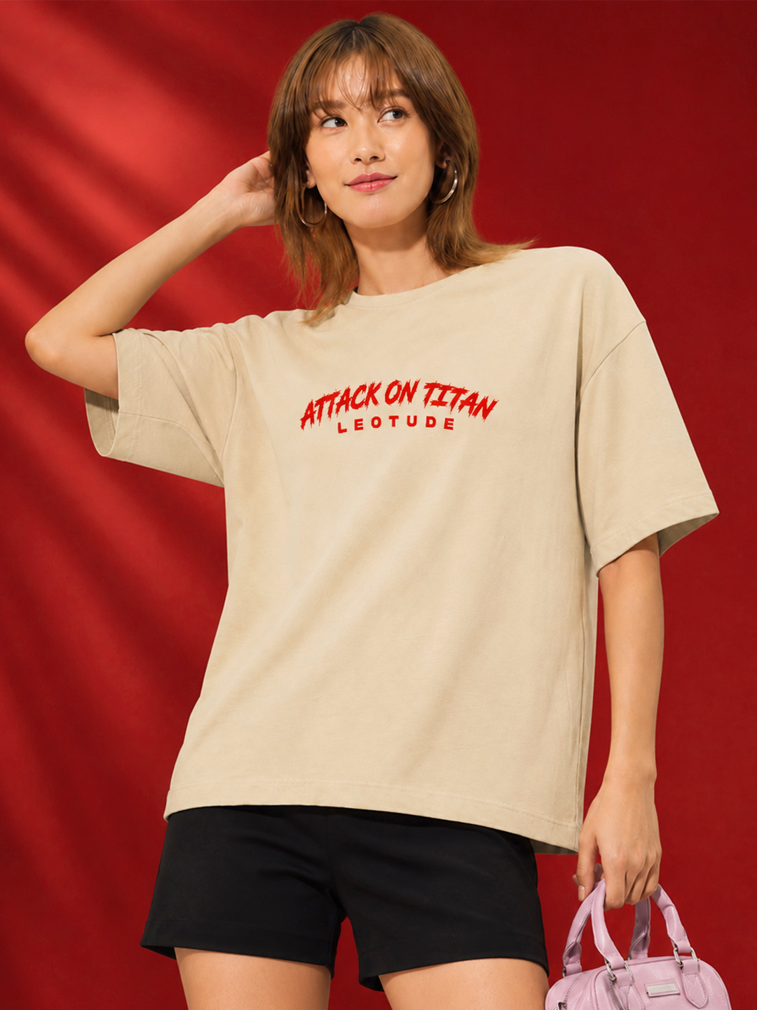 WomenBeige Titan Graphic Oversized Cotton T-Shirt | Half Sleeve Round Neck Streetwear Tee - Leotude Fashion