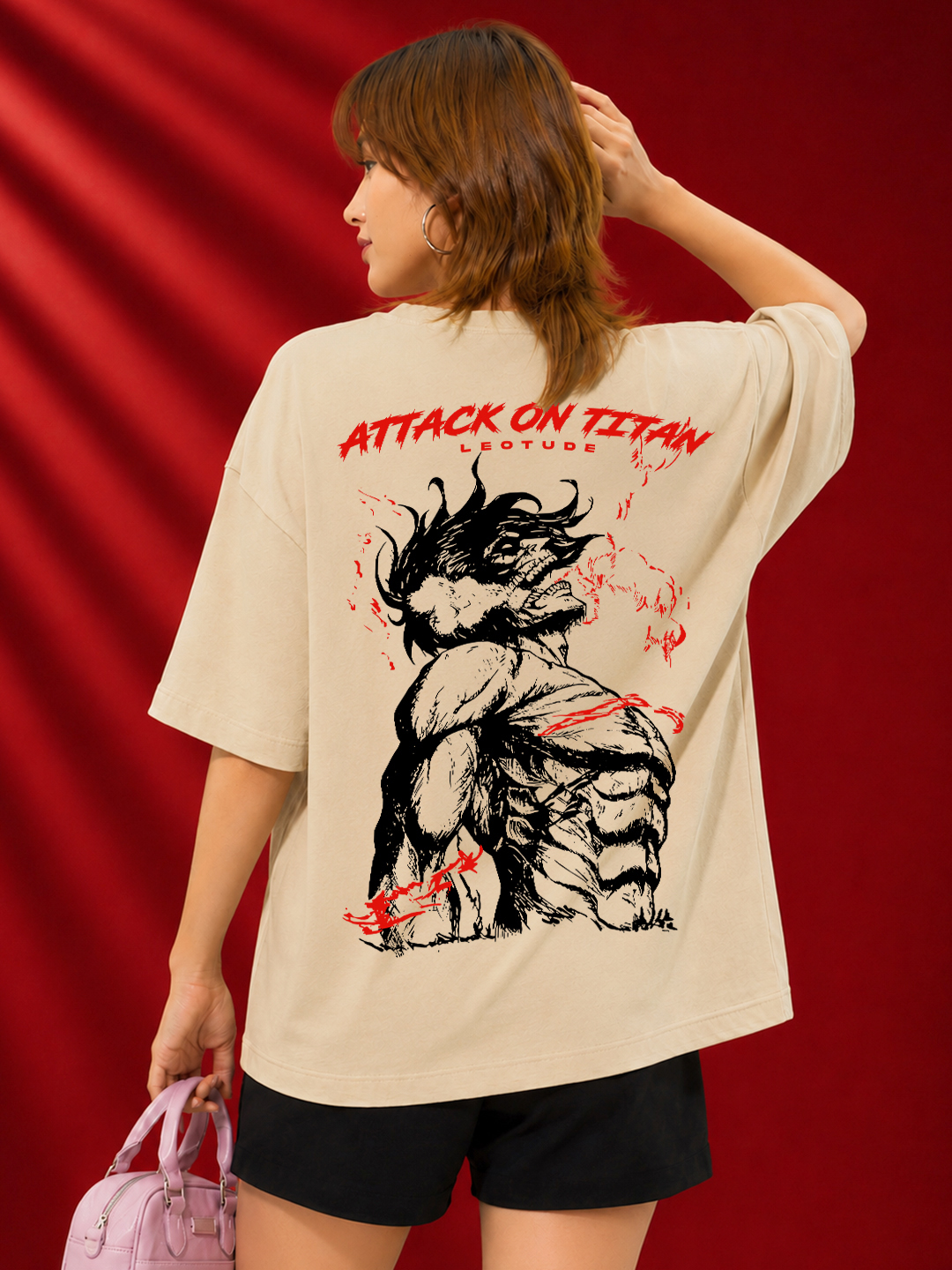 WomenBeige Titan Graphic Oversized Cotton T-Shirt | Half Sleeve Round Neck Streetwear Tee - Leotude Fashion
