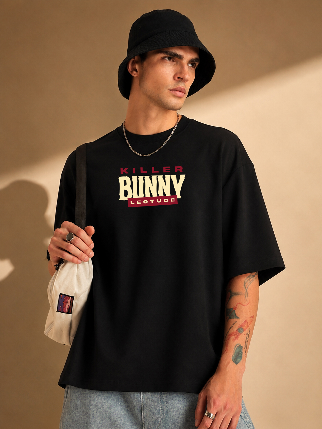 Men's Black Bunny Graphic Oversized Cotton T-Shirt | Half Sleeve Round Neck Streetwear Tee - Leotude Fashion