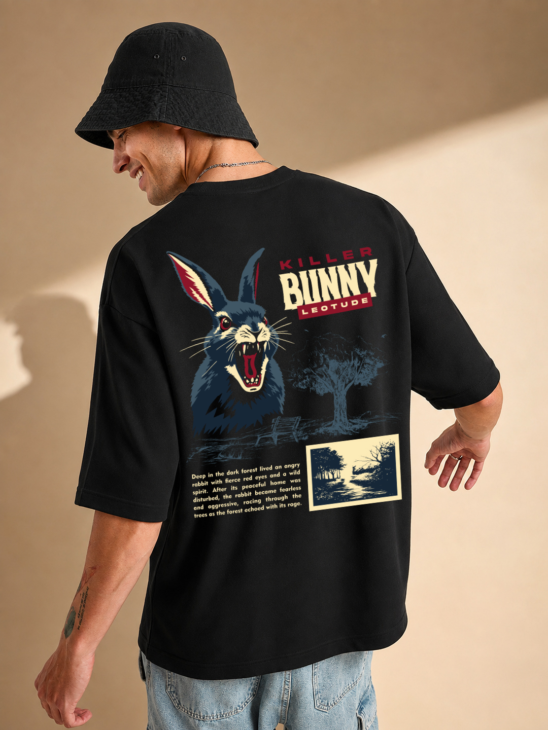 Men's Black Bunny Graphic Oversized Cotton T-Shirt | Half Sleeve Round Neck Streetwear Tee - Leotude Fashion