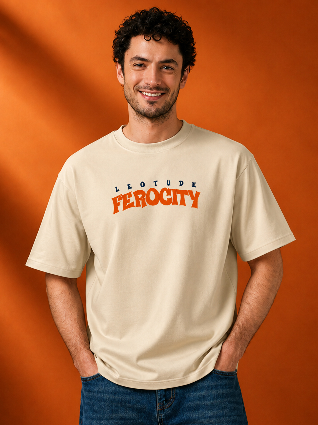 Men's Beige Ferocity Graphic Oversized Cotton T-Shirt | Half Sleeve Round Neck Streetwear Tee - Leotude Fashion