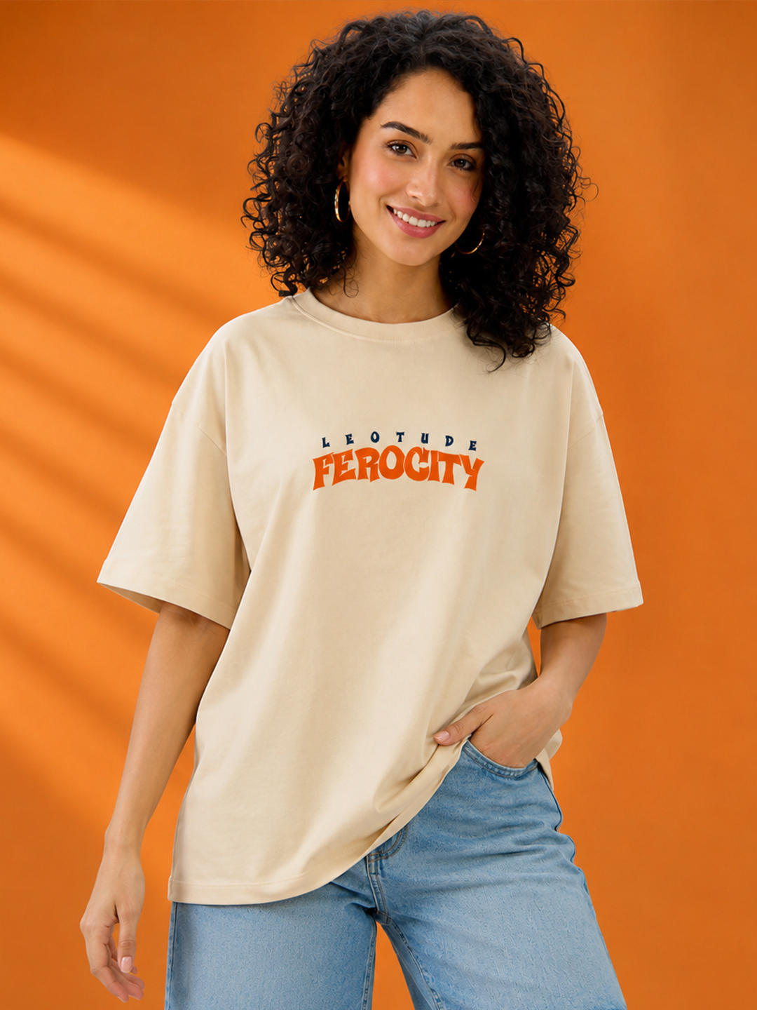 Women's Beige Ferocity Graphic Oversized Cotton T-Shirt | Half Sleeve Round Neck Streetwear Tee - Leotude Fashion