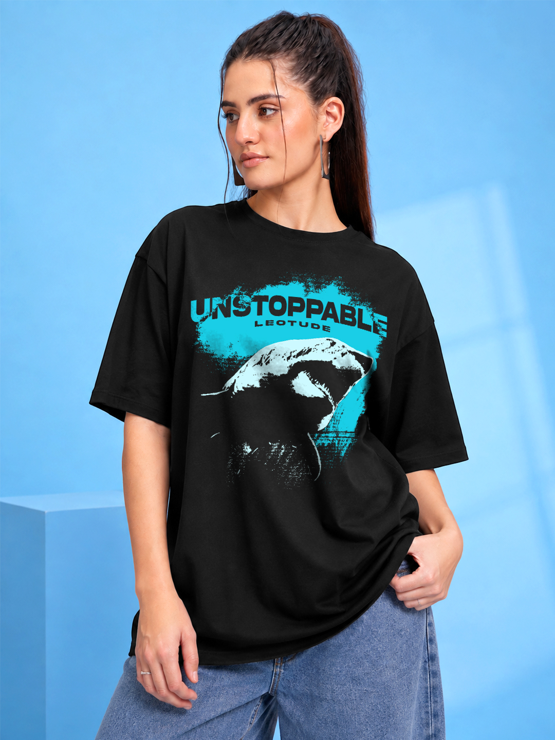 Women's Black Unstoppable Graphic Oversized Cotton T-Shirt | Half Sleeve Round Neck Streetwear Tee - Leotude Fashion