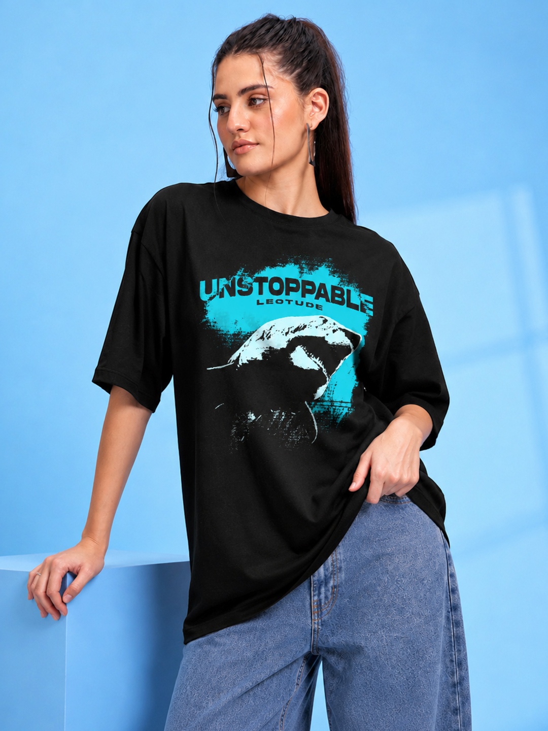 Women's Black Unstoppable Graphic Oversized Cotton T-Shirt | Half Sleeve Round Neck Streetwear Tee - Leotude Fashion