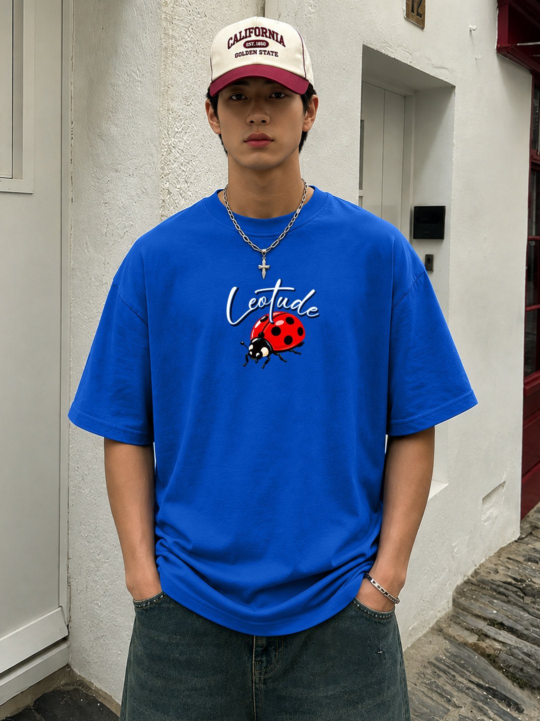 Men's Blue Mushroom Graphic Oversized Cotton T-Shirt | Half Sleeve Round Neck Streetwear Tee - Leotude Fashion