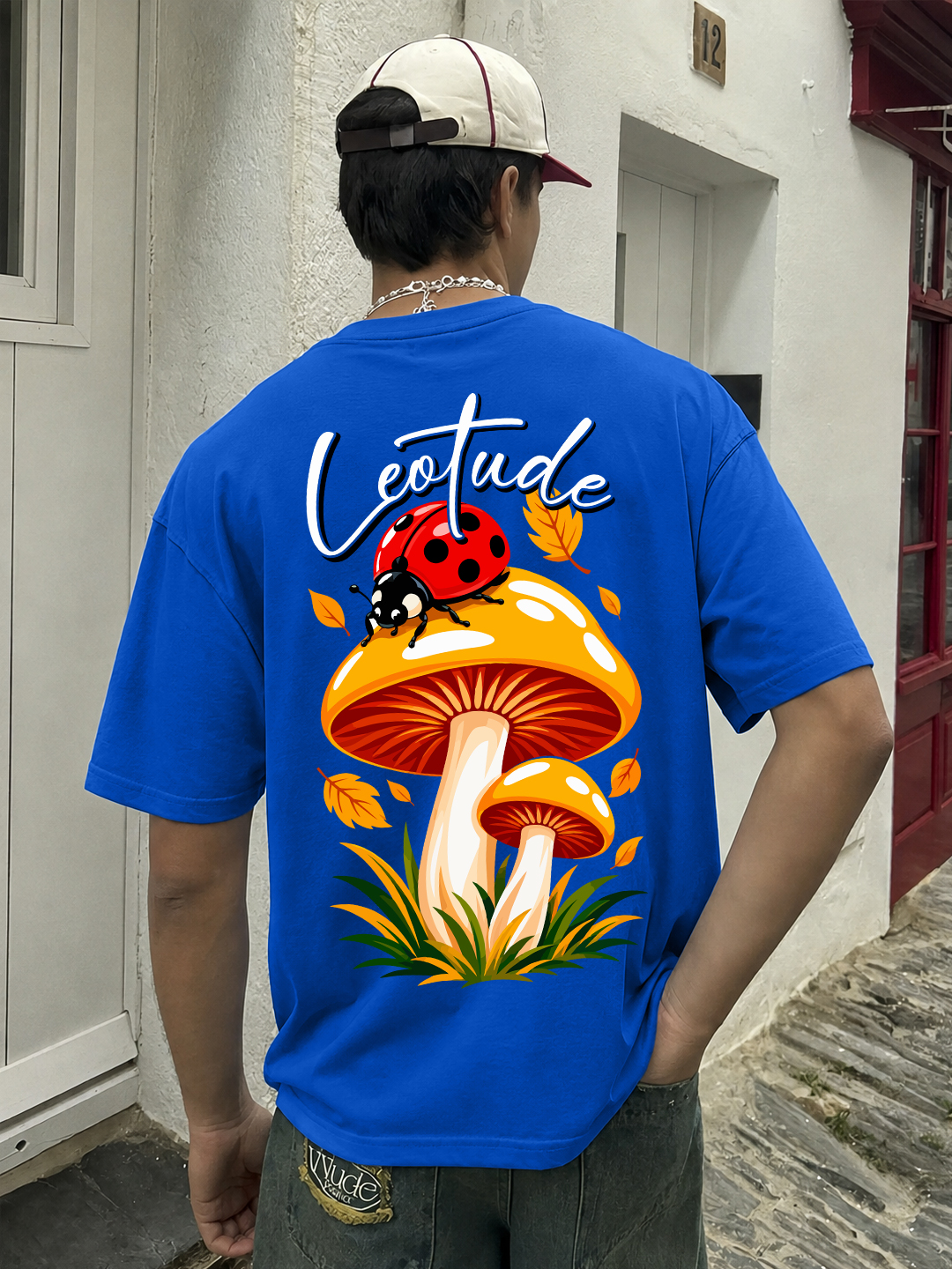 Men's Blue Mushroom Graphic Oversized Cotton T-Shirt | Half Sleeve Round Neck Streetwear Tee - Leotude Fashion