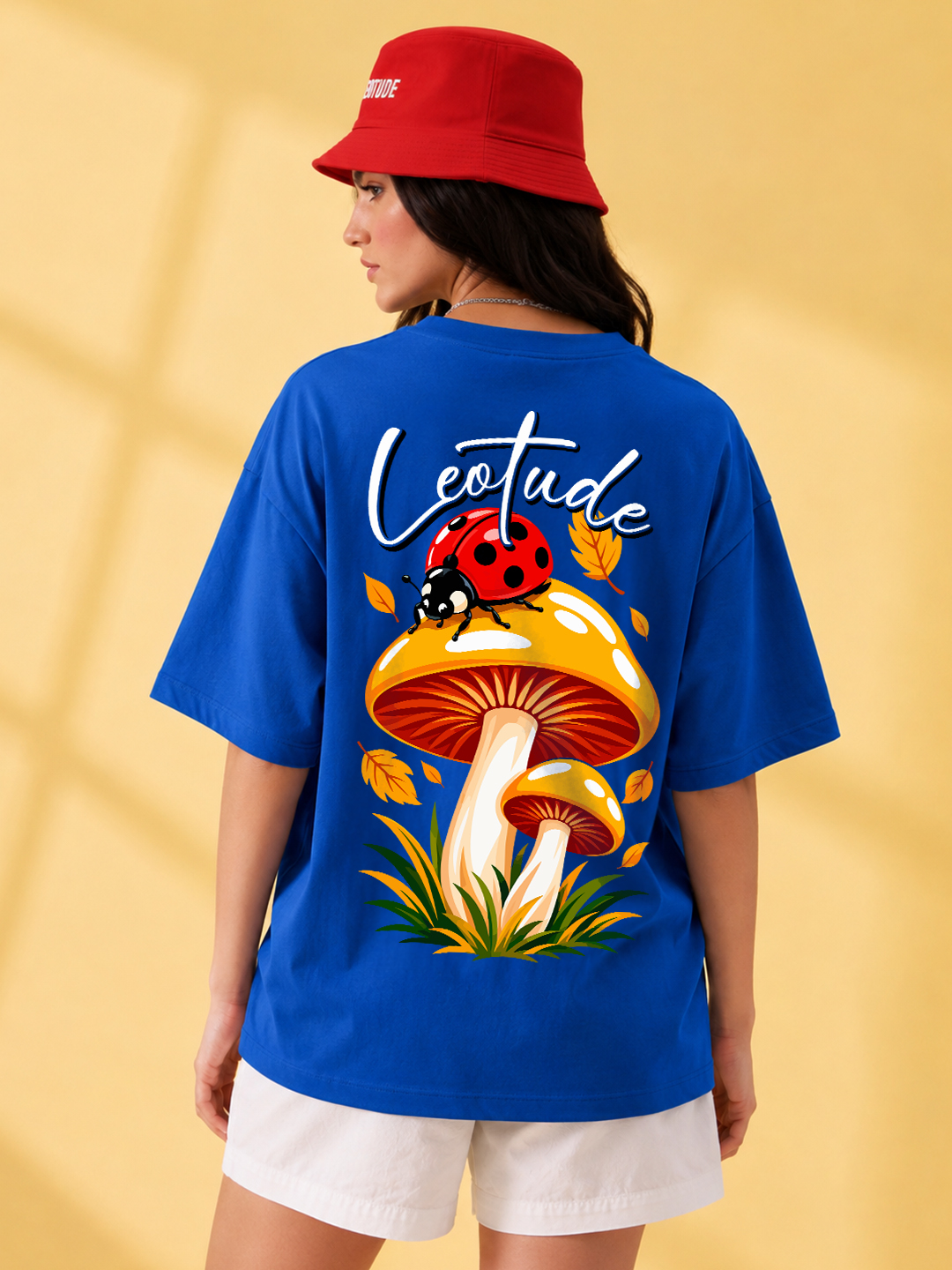 Women's Blue Mushroom Graphic Oversized Cotton T-Shirt | Half Sleeve Round Neck Streetwear Tee - Leotude Fashion