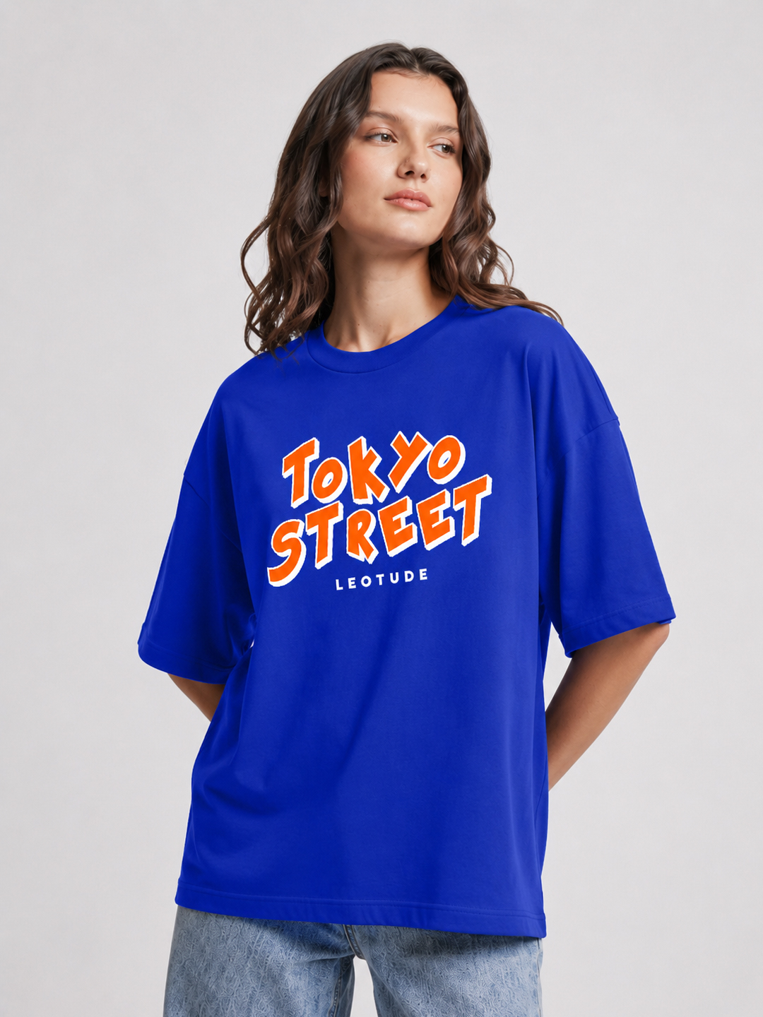 Women Oversized Printed T-Shirt | Blue Tokyo Printed | Half Sleeve Round Neck Streetwear Tee - Leotude Fashion