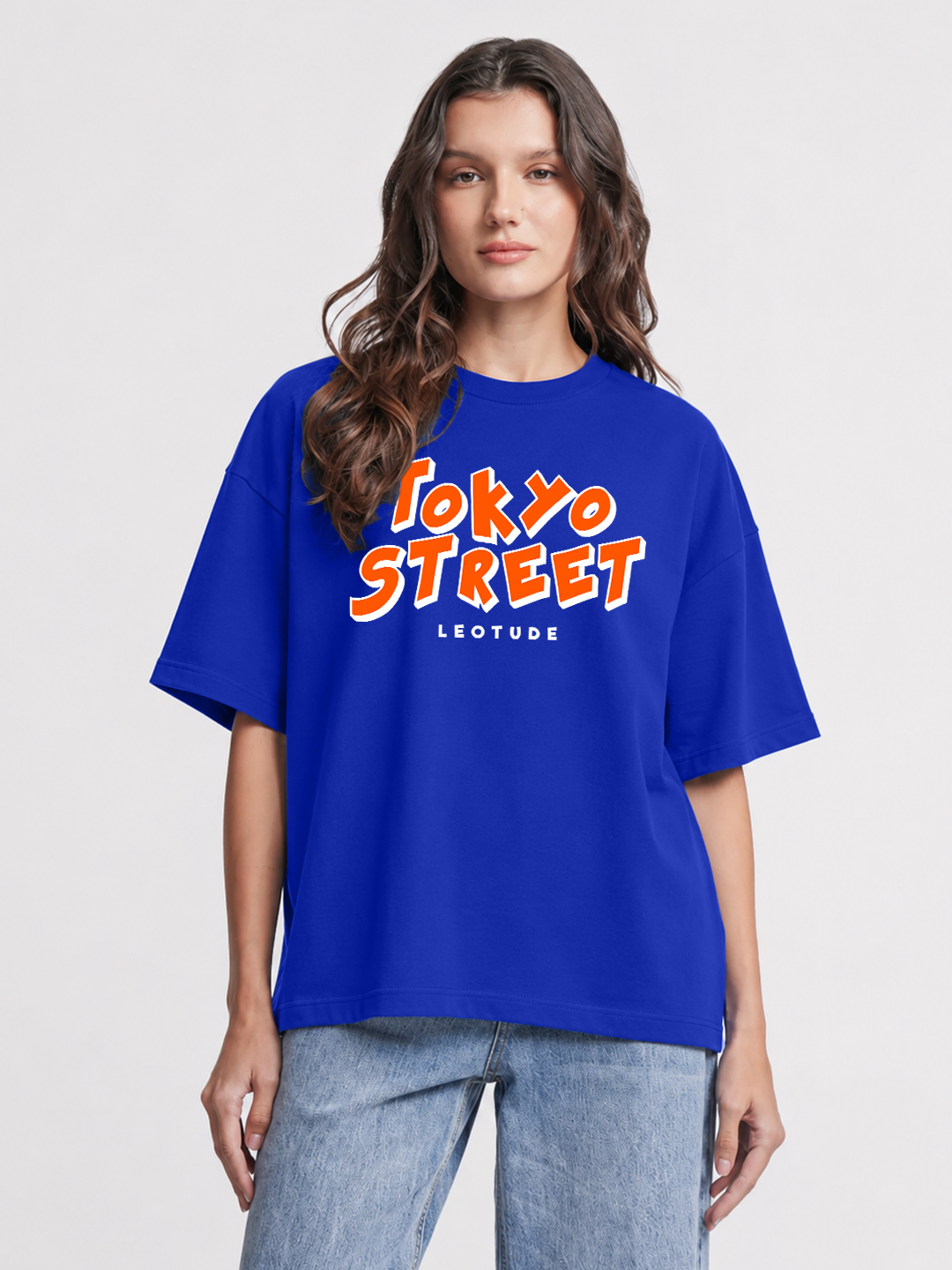 Women Oversized Printed T-Shirt | Blue Tokyo Printed | Half Sleeve Round Neck Streetwear Tee - Leotude Fashion