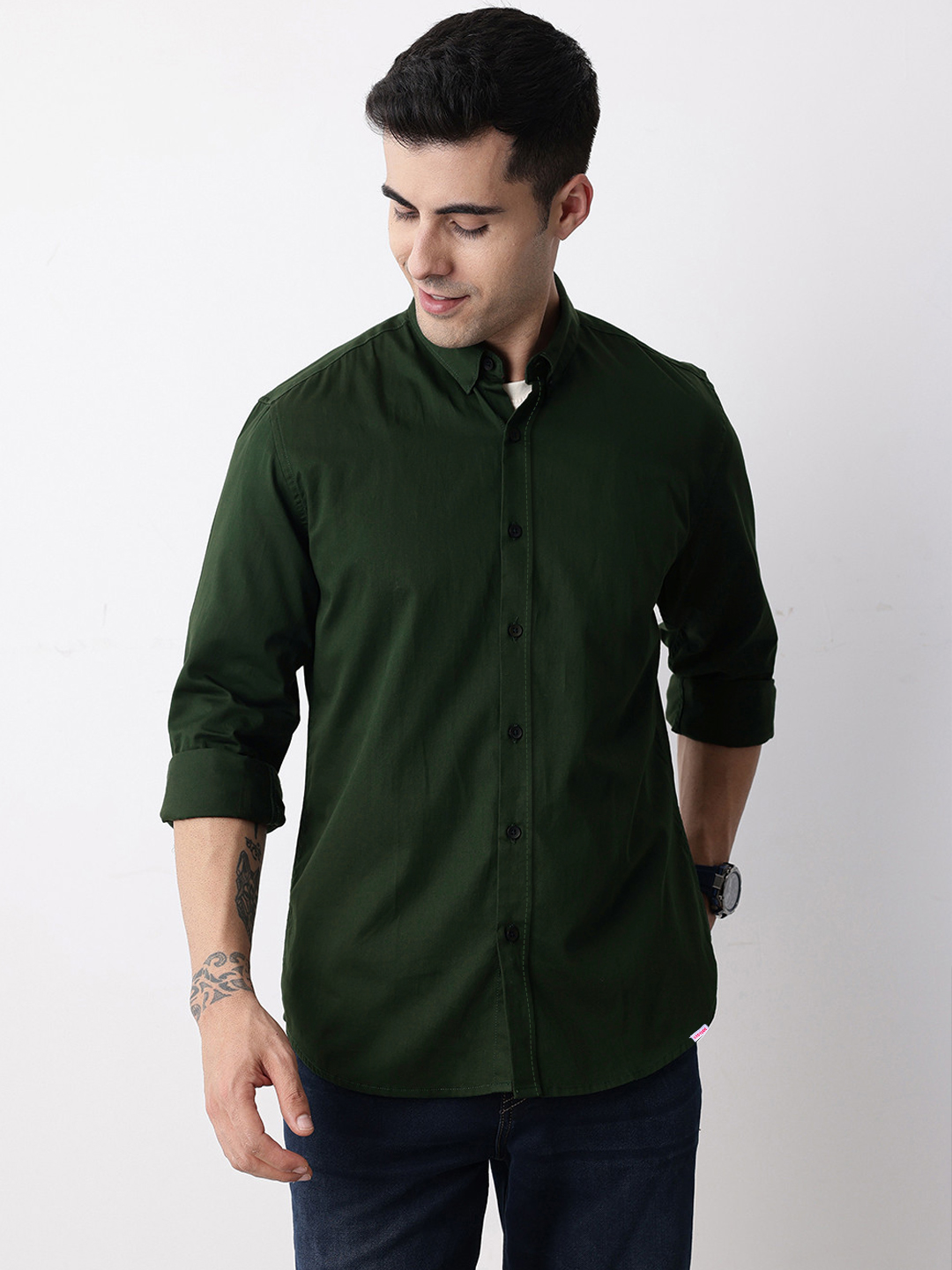 Men Solid Green Regular Fit Shirt | Full Sleeve Casual Cotton Blend Shirt - Leotude Fashion