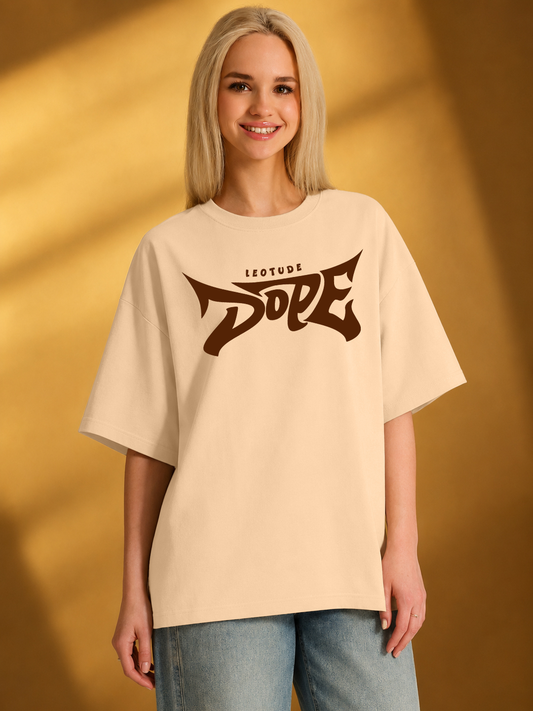 Women Oversized Printed T-Shirt | Beige Dope Printed | Half Sleeve Round Neck Streetwear Tee - Leotude Fashion